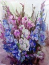 Watercolor art background abstract beautiful floral gladiolus flower lilac romantic surface colorful textured wet wash blurred Royalty Free Stock Photo