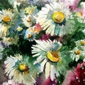 Watercolor art background creative fresh textured chamomile flowers meadow wet wash blurred overflow chaos fantasy