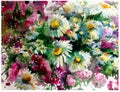 Watercolor art background creative fresh textured chamomile flowers meadow wet wash blurred overflow chaos fantasy