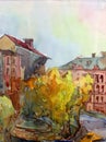 Watercolor art abstract background landscape bright textured decoration handmade beautiful colorful building autumn park