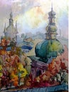Watercolor art abstract background landscape handmade beautiful colorful historical religion cathedral building autumn