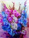 Watercolor art background abstract beautiful floral gladiolus flower lilac romantic surface colorful textured wet wash blurred