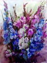 Watercolor art background abstract beautiful floral gladiolus flower lilac romantic surface colorful textured wet wash blurred Royalty Free Stock Photo