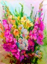 Watercolor art background abstract beautiful floral gladiolus flower lilac romantic surface colorful textured wet wash blurred