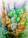 Watercolor art background abstract beautiful floral gladiolus flower lilac romantic surface colorful textured wet wash blurred