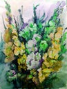 Watercolor art background abstract beautiful floral gladiolus flower lilac romantic surface colorful textured wet wash blurred