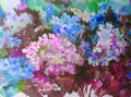 Watercolor art background abstract blue violet pink white lilac flowers bouquet phlox colorful textured wet wash blurred Royalty Free Stock Photo