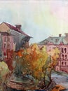 Watercolor art background abstract landmark city town square house park trees road europe architecture building