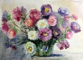 Watercolor art background colorful aster flower vase still life painting