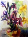 Watercolor art background colorful flower bouquet iris in vase wet wash blurred Royalty Free Stock Photo