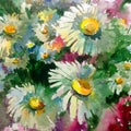 Watercolor art background creative fresh splash vibrant textured chamomile flowers meadow wet wash blurred overflow chaos fantasy