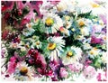 Watercolor art background creative fresh textured chamomile flowers meadow wet wash blurred overflow chaos fantasy