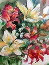 Watercolor art background fresh textured floral flowers lilies wet wash blurred overflow chaos fantasy