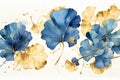 watercolor Art banner with golden and blue ginkgo leaves