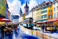 Watercolor art, Beautiful abstract watercolor, evening scene with lanterns on the embankment of an old European city Royalty Free Stock Photo