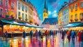 Watercolor art, Beautiful abstract watercolor, evening scene with lanterns on the embankment of an old European city