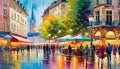 Watercolor art, Beautiful abstract watercolor, evening scene with lanterns on the embankment of an old European city