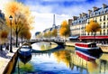 Watercolor art, Beautiful abstract watercolor, evening scene with lanterns on the embankment of an old European city Royalty Free Stock Photo