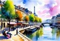 Watercolor art, Beautiful abstract watercolor, evening scene with lanterns on the embankment of an old European city Royalty Free Stock Photo