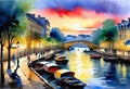 Watercolor art, Beautiful abstract watercolor, evening scene with lanterns on the embankment of an old European city Royalty Free Stock Photo