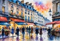 Watercolor art, Beautiful abstract watercolor, evening scene with lanterns on the embankment of an old European city Royalty Free Stock Photo