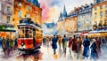 Watercolor art, Beautiful abstract watercolor, evening scene with lanterns on the embankment of an old European city Royalty Free Stock Photo