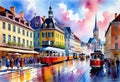 Watercolor art, Beautiful abstract watercolor, evening scene with lanterns on the embankment of an old European city Royalty Free Stock Photo