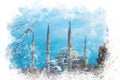 Watercolor art Blue Mosque Minarets, Islam and religion concept.