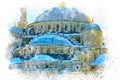 Watercolor art Blue Mosque Minarets, Islam and religion concept.