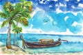 Summer palms beach ocean sea landscape boat turquoise sky blue watercolor illustration
