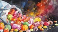 Watercolor art of colorful assorted candies on a vibrant background. Concept of sweets, confectionery, treats, candy