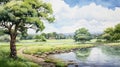 Serene Watercolor Painting Of Countryside River In Manga Style