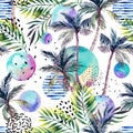 Watercolor art illustration: palm tree, doodle, grunge textures, geometric, minimal elements. Royalty Free Stock Photo