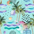 Watercolor art illustration: palm tree, doodle, grunge textures, geometric shapes in 80s, 90s minimal style. Royalty Free Stock Photo