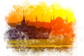 Watercolor art Istanbul Silhouette sunset view , Bosphorus ferry Royalty Free Stock Photo