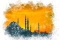 Watercolor art Istanbul silhouette sunset view Royalty Free Stock Photo