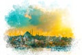 Watercolor art Istanbul silhouette sunset view Royalty Free Stock Photo