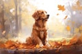 Watercolor Art of a Loving Dog in the Woods. Happy Puppy Sitting Among Autumn Foliage Royalty Free Stock Photo