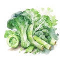 Watercolor art. Minimalist retro illustration with green vegetables