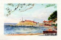 Watercolor art Montenegro. Fortress Castelo.