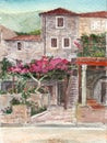 Watercolor art Montenegro. Old building.