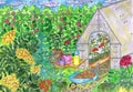 Watercolor art painting with flowers and vintage garden objects, greenhouse and gardening tools