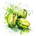 Watercolor art of pistachio nuts amidst a lively splash of green