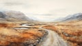 Watercolor Illustration Of A Serene Country Road In The Tundra