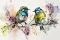 Birds in spring, watercolor art