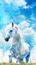 Watercolor art of a white horse standing on a grassy field under a blue sky. Concept of nature, horse illustration Royalty Free Stock Photo