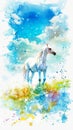 Watercolor art of a white horse standing on a grassy field under a blue sky. Concept of nature, horse illustration Royalty Free Stock Photo