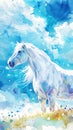 Watercolor art of a white horse standing on a grassy field under a blue sky. Concept of nature, horse illustration Royalty Free Stock Photo