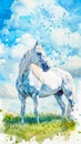 Watercolor art of a white horse standing on a grassy field under a blue sky. Concept of nature, horse illustration Royalty Free Stock Photo