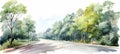 Watercolor art of winding asphalt road in lush green forest during vibrant summer season Royalty Free Stock Photo